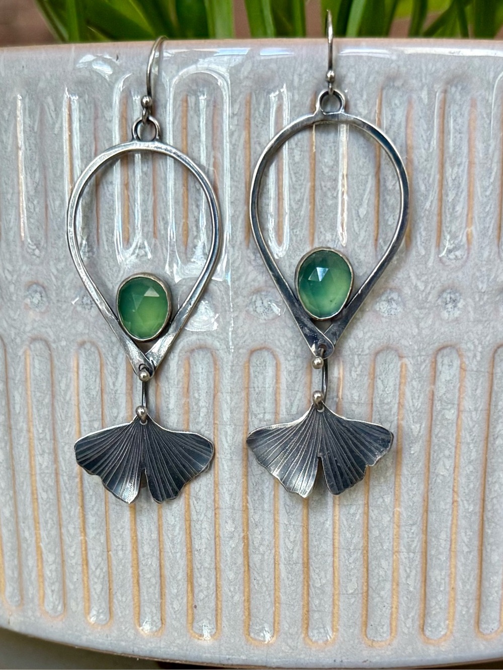 Silver and Peridot Gingko Dangle Earrings - Picture 3 of 6